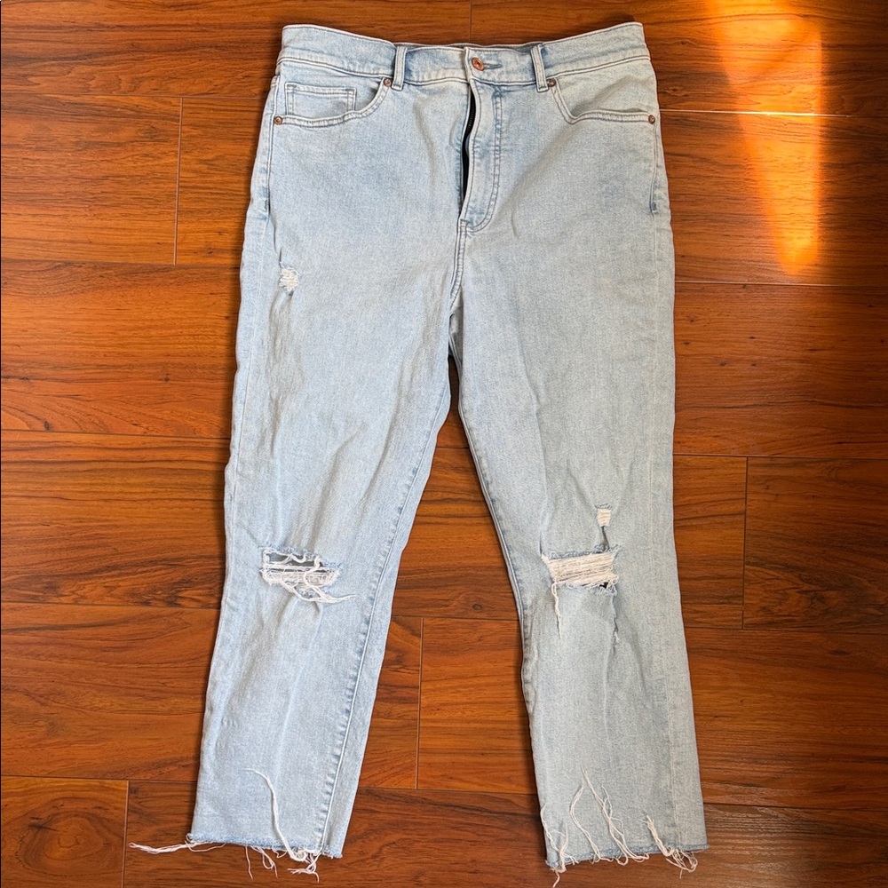 Express Light Blue Distressed Ankle Mom Jeans- Women’s 10 super high rise